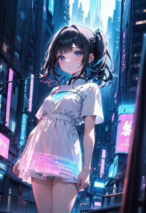 (masterpiece, best quality),(futuristic technology hologram),A hologram of a girl is projected in the center of the square.,tween,kawaii,japanese-anime girl,wearing white onepiece dress,detailed face,melancholy expression,pale light, neon light, Cyberpunk ...