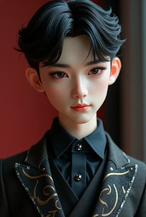 a beautiful detailed chinese young man,extremely cute BJD doll, (best quality,4k,8k,highres,masterpiece:1.2),ultra-detailed,(realistic,photorealistic,photo-realistic:1.37),realistic,porcelain skin,long eyelashes,piercing eyes,sharp facial features,elegant ...