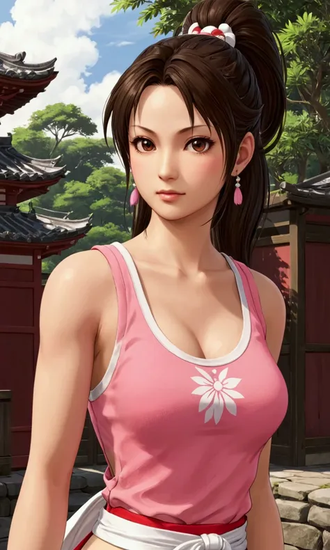 mai shiranui, wearing a pink tank top, wearing white mimisaia