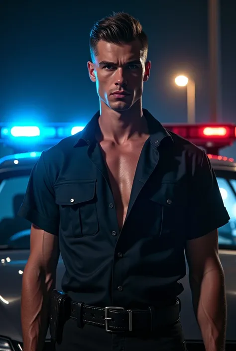 A tall, muscular young police officer stands in front of a squad car, the blue and red flashing lights reflecting off his smooth, white skin. His uniform is perfectly tailored to his lean, muscular body, with the top buttons undone, revealing his large, de...