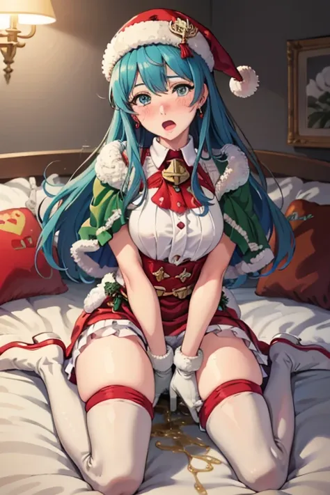 win_eirika,absurdres, nose blush,shoot from below 1.5,hand between legs:1.5,open mouth,on bed, wariza,from above, cowgirl positi...