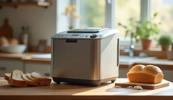 There is a bread machine on the table