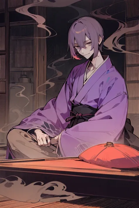 male、adult、Slender、Skinny、Japanese style、kimono、Suspicious、Nihilistic smile、quiet、Faded colors、Dusty atmosphere、dim、Smoke the purple smoke、Creepy、Horror、laugh at、cynical、Tatami room、Rakugo、Sit upright