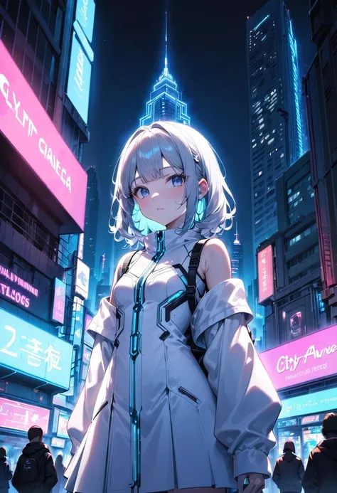 (masterpiece, best quality),(futuristic technology hologram),A hologram of a girl is projected in the center of the square.,tween,kawaii,japanese-anime girl,wearing white onepiece dress,detailed face,melancholy expression,pale light, neon light, Cyberpunk ...