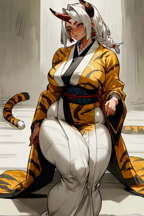 (beautiful) (((They female))) Warrior, sitting and legs spread, wear (A short kimono with a tiger pattern), and ((Curvy Mature Body)) still ((Muscular)), Large body size, Long, voluminous white hair, (Two long anime_They_horn ), Reddish white skin , (Perfe...