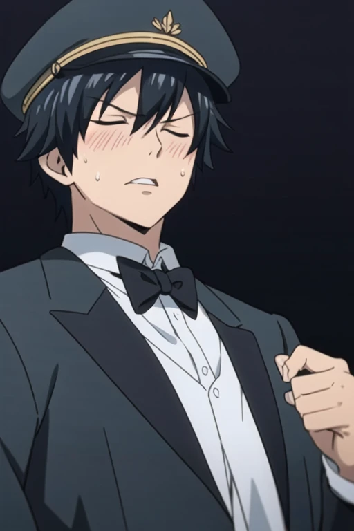 masterpiece, best quality, illustration, 1boy, solo, male focus, looking at viewer, upper body, depth of field, gray_fullbuster, black hair, closed eyes, muscular body, spiked hair,   (black tuxedo suit), bowtie, (black peaked cap),   (simple black backgro...