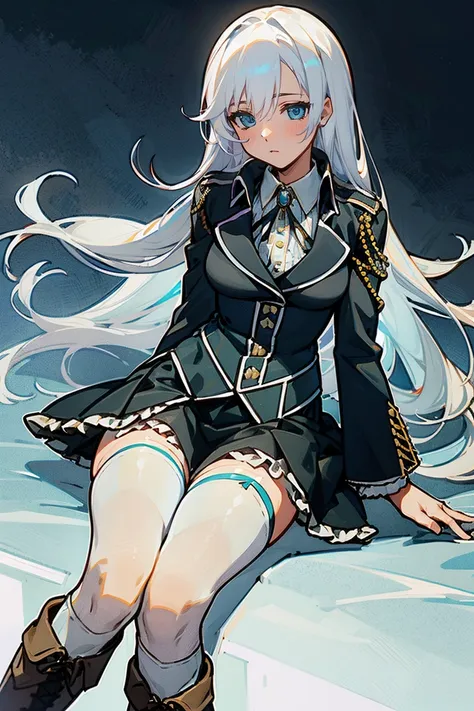 1girl la folia rihavein white hair, military uniform white shirt black skirt brooch, bare thighs, blue eyes, whitely silver hair...