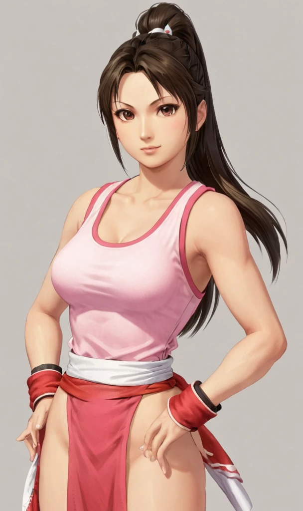 Mai Shiranui, wearing a pink tank top, wearing white mimisaia