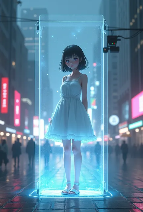 (masterpiece, best quality),(futuristic technology hologram),A hologram of a girl is projected in the center of the square.,kawaii,japanese-anime girl,wearing white onepiece dress,melancholy expression,pale light, neon light, Cyberpunk cityscape,Multi-wire...