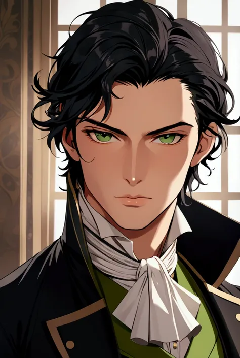 1boy, in his 20s, regency era, wearing well-tailored coat with burnished ebony buttons, shoulder capes, top hat in his hand, wind whipped coal black hair tangled around his face, prominent nose, sensuous mouth, high cheekbones, green eyes, High Resolution,...