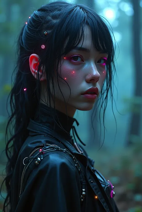 a cyberpunk witch in a magical forest, beautiful detailed eyes, beautiful detailed lips, extremely detailed eyes and face, long eyelashes, intricate cybernetic enhancements, glowing neon accents, ambient lighting, volumetric fog, ray-traced lighting, octan...