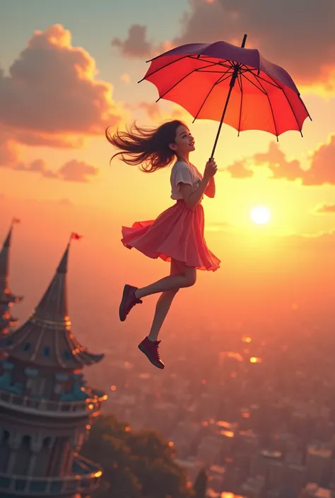 masterpiece、 Best Quality, Very detailed、8k、 High resolution, Fantasy、Scene Design、Girl walking in the air、Sunset、The cityscape below、Pointing to an open umbrella、A fun walk in the sky、From an angle、smile、