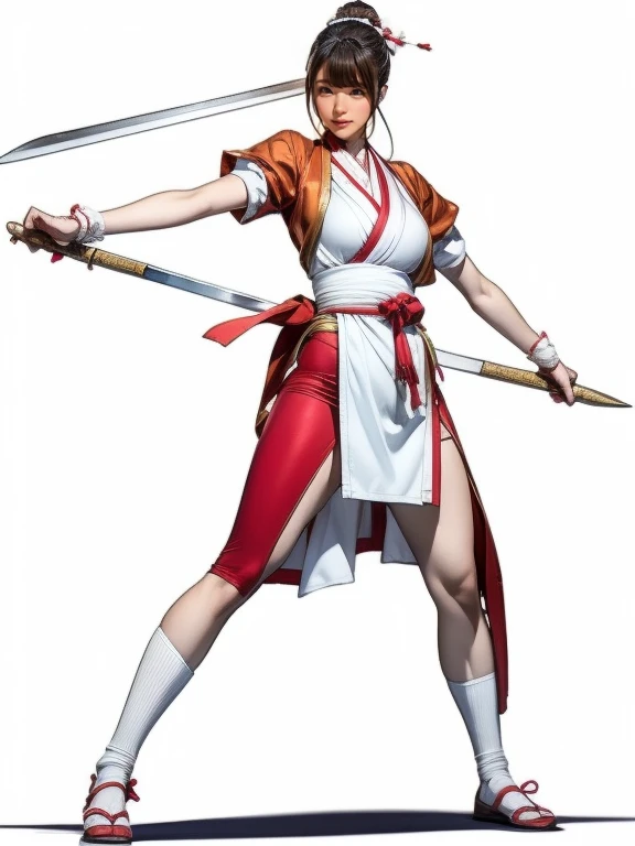 A woman wearing a red and white outfit and holding two swords, knife zero video game character, Sengoku period art style, Maid, Full body martial arts, Works inspired by Toshusai Sharaku, Kunoichi, Akira in Chinese mythology, knife, she is holding a knife ...