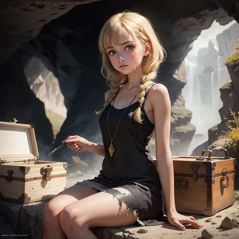 watercolor acrylic random pose Russian teenage girl  blonde braids, bangs, torn country dress sitting over a treasure chest with a surprised look, cave background, Mikhail Garmash style