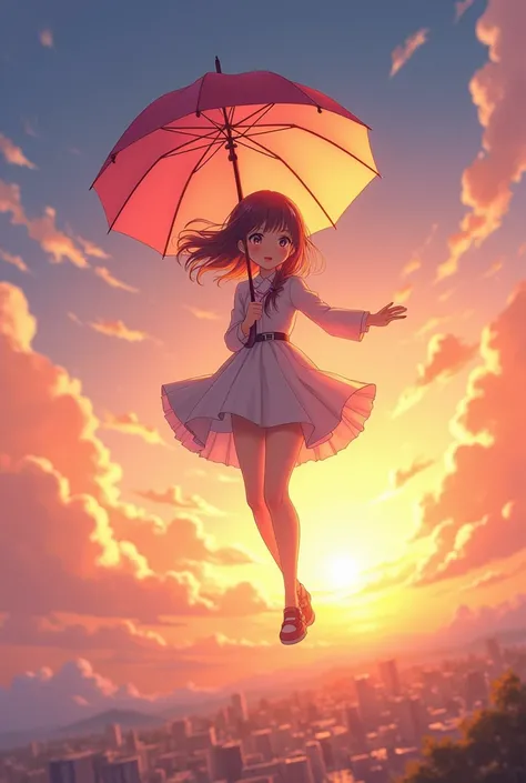 anime、masterpiece、 Best Quality, Very detailed、8k、 High resolution, Fantasy、Scene Design、Girl walking in the air、Sunset、The cityscape below、Open umbrella in hand、A fun walk in the sky、From an angle、smile、