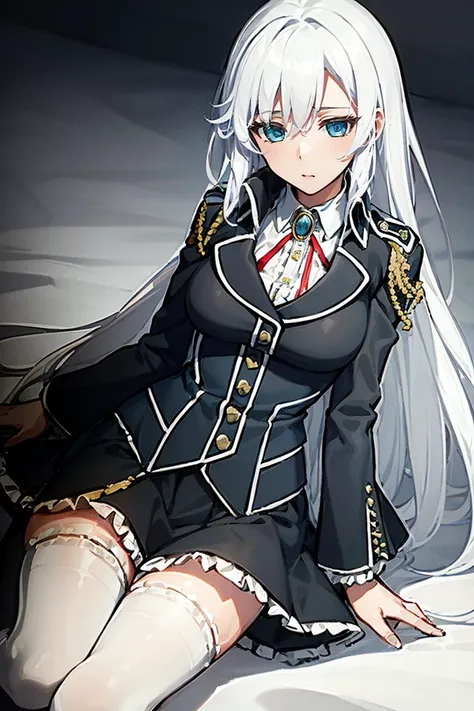 1girl la folia rihavein white hair, military uniform white shirt black skirt brooch, bare thighs, blue eyes, whitely silver hair...