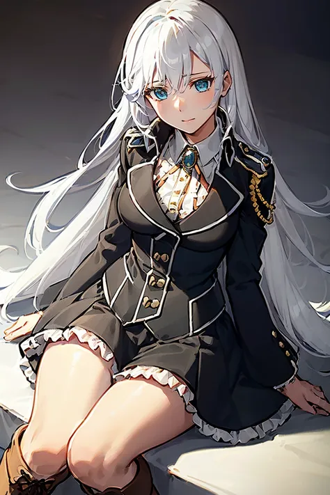 1girl la folia rihavein white hair, military uniform white shirt black skirt brooch, (((brown boots, bare knee bare thighs))), b...