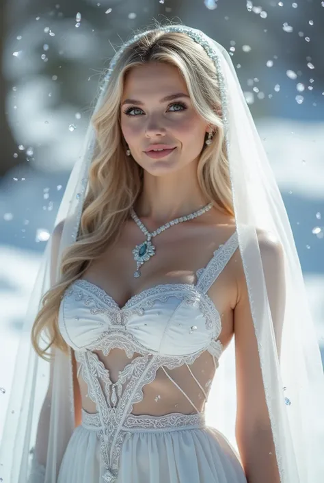 perfect figure beautiful young woman, smile, cleavage, huge breast Layered Hair Style, (Cleric:1.5), Jewelry Decoration, veil, Highly Detailed Face and Skin Textur, double-edged eyelid, long hair, (background snow plains), diamond dust,