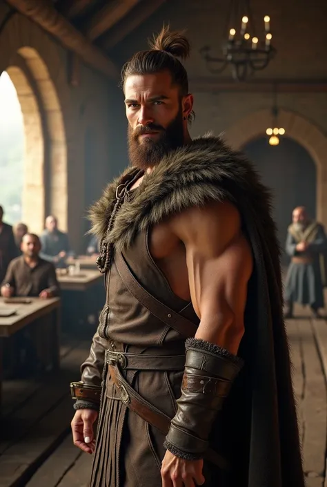 A man, very handsome, very tall, very muscular, white skin, soft face, long hair, wavy hair, brown hair, tied hair, detailed hazel eyes, smiling expression, beautiful smile, brown viking warrior outfit with a black viking top and a long fur cape, standing ...