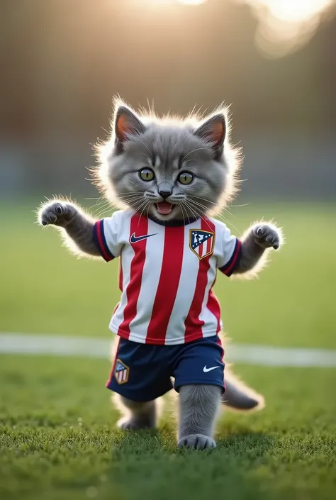 Realistic baby kitten dressed in Atletico de Madrid kit ,White t-shirt with red stripes and navy blue shorts all from the Nike brand dancing on the field 