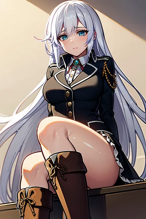 1girl la folia rihavein white hair, military uniform white shirt black skirt brooch, (((knee high brown boots, bare knee bare th...