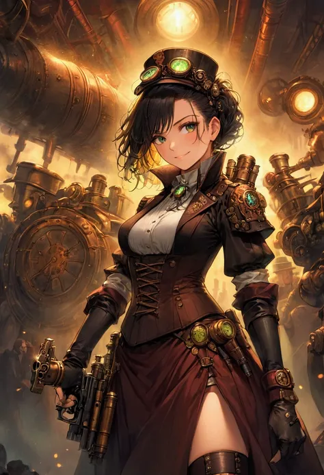 an attractive and sexy woman in steampunk armor, holding a ((steampunk)) pistol. The environment is set at a ((steampunk)) battlefield, where the woman is standing in the foreground, looking at the viewer with a mischievous smile a large battle is undergoi...