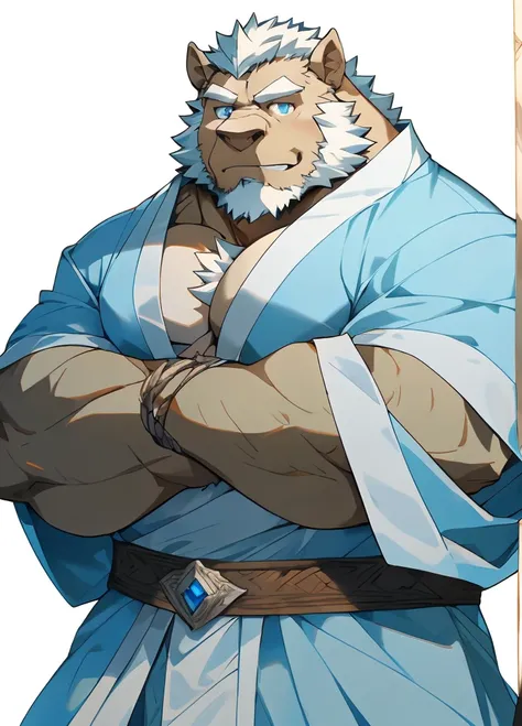 一只灰色的狼Orcs，youth，Light blue eyes，Wearing white、Light blue robe，（There is a silver-white iron sword on the waist.）。Pure white background，Animation Style，Standing picture，sideways，furry，hairy，Orcs