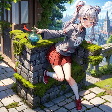 Rainbow red and silver hair、Rainbow Eyes、Wavy Hair、Hair tied up、Two cute、Checked mini skirt、Black T-shirt、Long sleeve、wearing a hood、Black knee-high socks、Teeth are visible、Old Castle、Tilting face、lawn、In front of the city gate、The stone is cracked、Uneven ...