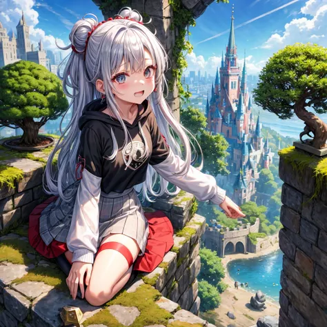 Rainbow red and silver hair、Rainbow Eyes、Wavy Hair、Hair tied up、Two cute、Checked mini skirt、Black T-shirt、Long sleeve、wearing a hood、Black knee-high socks、Teeth are visible、Ice Castle、Tilting face、lawn、In front of the city gate、The stone is cracked、Uneven ...