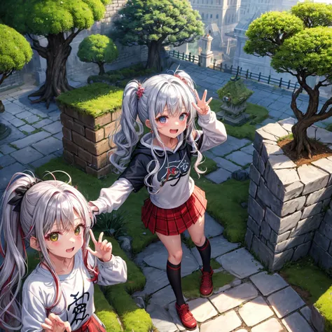 Rainbow red and silver hair、Rainbow Eyes、Wavy Hair、Hair tied up、Two cute、Checked mini skirt、Black T-shirt、Long sleeve、wearing a hood、Black knee-high socks、Teeth are visible、Ice Castle、Tilting face、lawn、In front of the city gate、The stone is cracked、Uneven ...