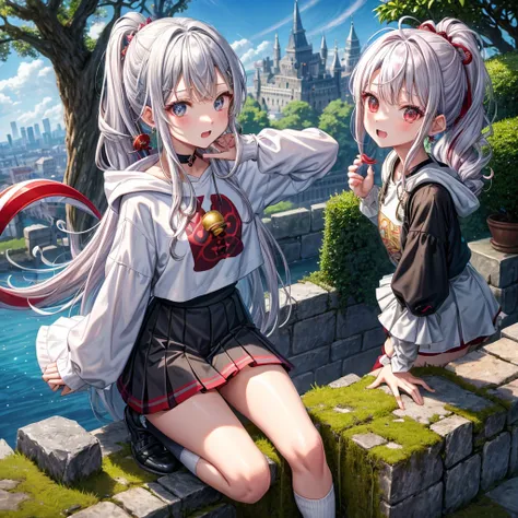 Rainbow red and silver hair、Rainbow Eyes、Wavy Hair、Hair tied up、Two cute、Checked mini skirt、Black T-shirt、Long sleeve、wearing a hood、Black knee-high socks、Teeth are visible、Ice Castle、Tilting face、lawn、In front of the city gate、The stone is cracked、Uneven ...