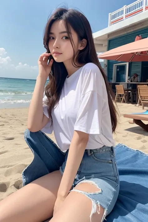 Beautiful woman, Long hair, wearing white T-shirt, short denim, at beach