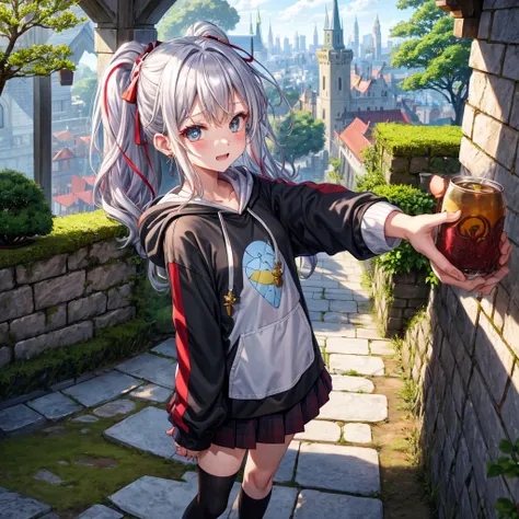 Rainbow red and silver hair、Rainbow Eyes、Wavy Hair、Hair tied up、Two cute、Checked mini skirt、Black T-shirt、Long sleeve、wearing a hood、Black knee-high socks、Teeth are visible、Ice Castle、Tilting face、lawn、In front of the city gate、The stone is cracked、Uneven ...