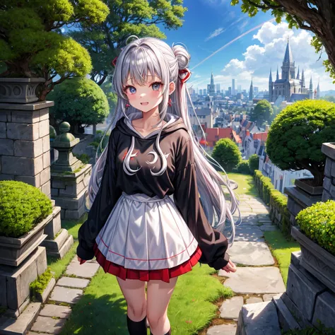 Rainbow red and silver hair、Rainbow Eyes、Wavy Hair、Hair tied up、Two cute、Checked mini skirt、Black T-shirt、Long sleeve、wearing a hood、Black knee-high socks、Teeth are visible、Ice Castle、Tilting face、lawn、In front of the city gate、The stone is cracked、Uneven ...