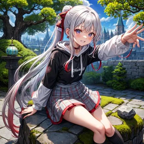 Rainbow red and silver hair、Rainbow Eyes、Wavy Hair、Hair tied up、Two cute、Checked mini skirt、Black T-shirt、Long sleeve、wearing a hood、Black knee-high socks、Teeth are visible、Ice Castle、Tilting face、lawn、In front of the city gate、The stone is cracked、Uneven ...