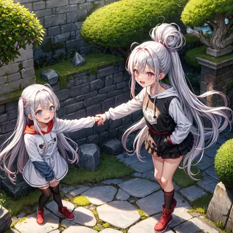 Rainbow red and silver hair、Rainbow Eyes、Wavy Hair、Hair tied up、Two cute、Checked mini skirt、Black T-shirt、Long sleeve、wearing a hood、Black knee-high socks、Teeth are visible、Ice Castle、Tilting face、lawn、In front of the city gate、The stone is cracked、Uneven ...