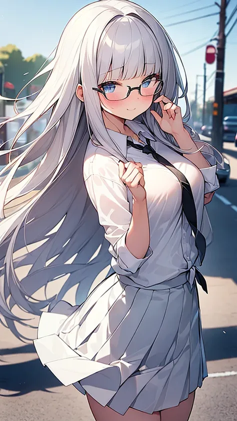 (Masterpiece, Top quality:1.5), (nsfw:1.2), beautiful girl:1.2, solo:1.3,  (silver hair:1.2), blue eyes, (long Hair:1.2), wavy Hair, (blunt bangs:1.2), swept bangs, airy hair, medium breasts, standard weight, smile:1.5, (blush:1.3), (white shirt, pleated s...