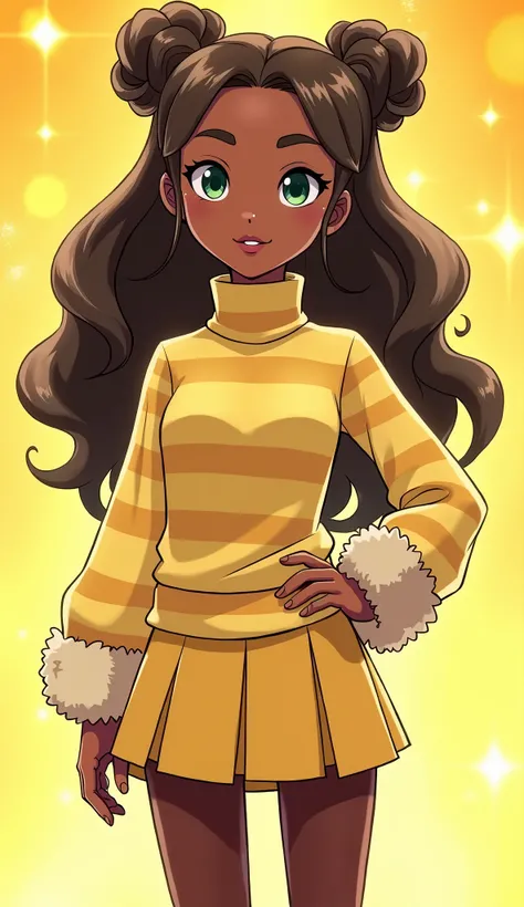 (Close up), (Close up from top of head to bottom of thigh) ((Karen from DC Super Hero Girls 2019)), Karen is a short, skinny, light brown-skinned teenage black girl with sage-green eyes, maroon-brown lips and long, curly, dark brown hair with honey-blonde ...