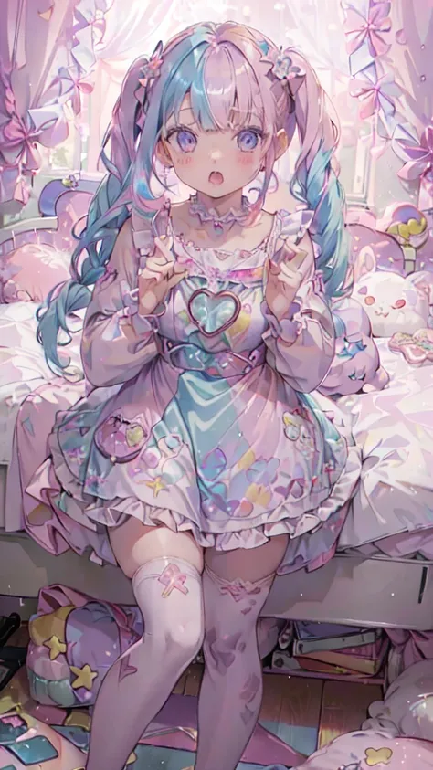 (8k, Best Quality, Master Piece: 1.2), Super High Resolution,beautiful woman,super detailed face, detailed eyes,nose flash,(pink hair, light blue multicolored hair),blunt bang,twintails,Expressionless,open mouth,break,Sailor collar,candy patterned lolita f...