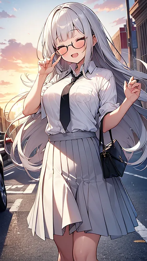 (Masterpiece, Top quality:1.5), (nsfw:1.2), beautiful girl:1.2, solo:1.3,  (silver hair:1.2), closed eyes, (long Hair:1.2), wavy Hair, (blunt bangs:1.2), swept bangs, airy hair, medium breasts, standard weight, smile:1.5, (blush:1.3), (white shirt, pleated...