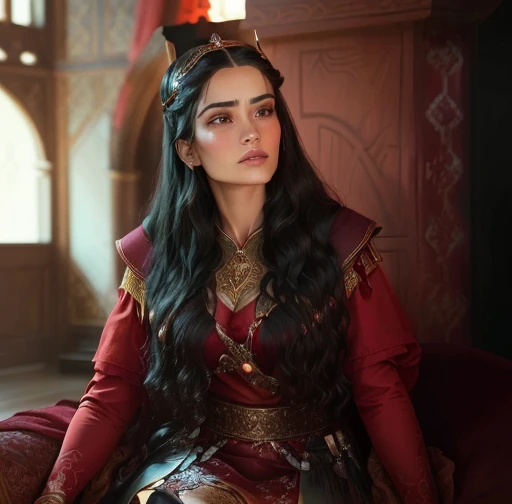 close up of woman in red dress, sitting on the sofa, young woman in the role of Genghis Khan, as a medieval fantasy character, promo still, still frame from TV series, promo image, salma hayek as a witch, Dorn, episode yet, an actress, fim still, advertisi...