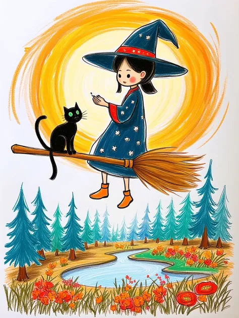 Illustrate an enchanting day of a solitary witchs mystical journey. She is an Asian woman with a tall, skinny figure, draped in a cloak of midnight blue decorated with silver stars. Her magical broom is carved from aged oak, with bristles formed from golde...