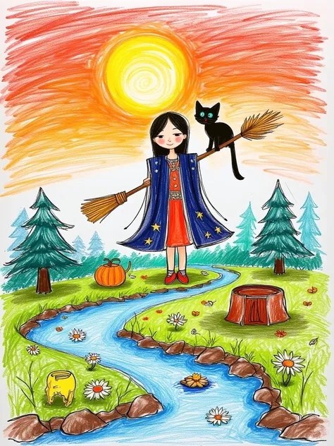 Illustrate an enchanting day of a solitary witchs mystical journey. She is an Asian woman with a tall, skinny figure, draped in a cloak of midnight blue decorated with silver stars. Her magical broom is carved from aged oak, with bristles formed from golde...