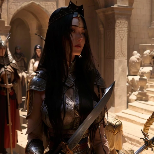 Arapheda in medieval dress holds a sword in front of a group of people, she holds a sword, arab young monica bellucci, young woman in the role of Genghis Khan, an actress, Holding a sword on his shoulder, a long sword in her hand, Ana de Armas as Jeanne D&...