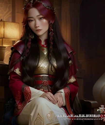 close up of woman in red dress, sitting on a chair, as a medieval fantasy character, inspired from Pal Balkay, Shallan Davar, young woman in the role of Genghis Khan, from Pal Balkay, style arcane series, still frame from TV series, promo still, inspired b...