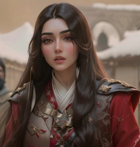 close up of woman with long hair in red jacket, Maya Ali, like D&d Sorcerer, Maya Ali, like D&Damage, Maya Ali like D&d Sorcerer, young woman in the role of Genghis Khan, maya ali as a winDamage, arab young monica bellucci, maya ali wind Sorcerer