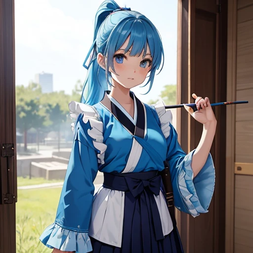 Teen petite feminine girl, blue hair, ponytail ,blue eyes , hakama,  archery uniform is a short skirt with a frilly blouse,  revealing and bold , almost naked 