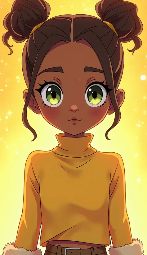 (Close up), (Close up from top of head to bottom of thigh) ((Karen from DC Super Hero Girls 2019)), Karen is a short, skinny, light brown-skinned teenage black girl with sage-green eyes, maroon-brown lips and long, curly, dark brown hair with honey-blonde ...