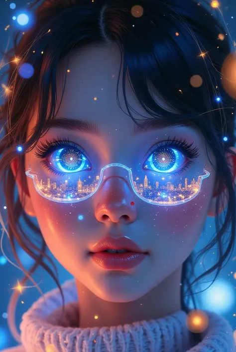 Clear Eyes in which the World from Outside is Visible, lush eyelashes, Shower, makeup, Every hair is visible, In the eyes the picture of the city of the future is very clearly visible, complex details, Maximum Details : 1.3, masterpiece, Full Detailing, br...