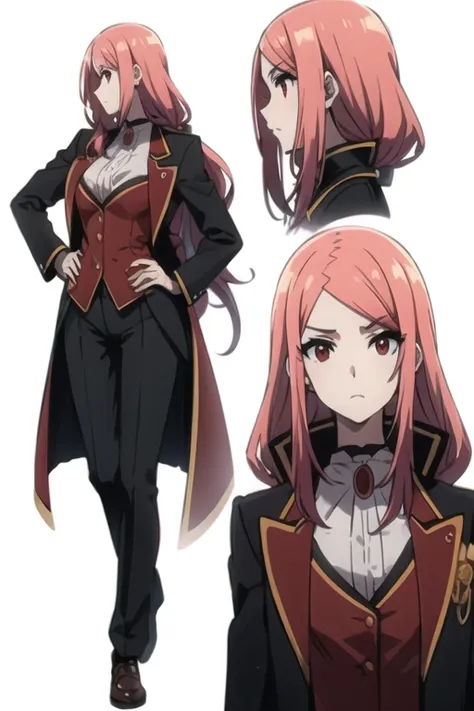 mary in an elegant leotard, tailcoat, red eyes, rad hair, long hair, top side view